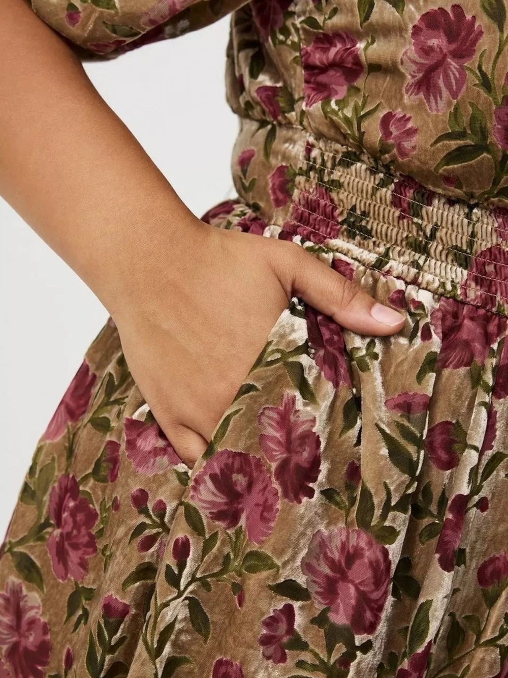 Torrid Gold and Pink Velvet Floral Puff-Sleeve Midi Dress - Picture 4 of 10